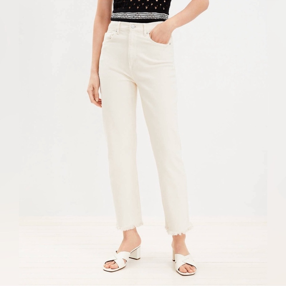 LOFT High Waist Straight Cropped Cream‎ Off White Frayed Hem Jeans Size 14